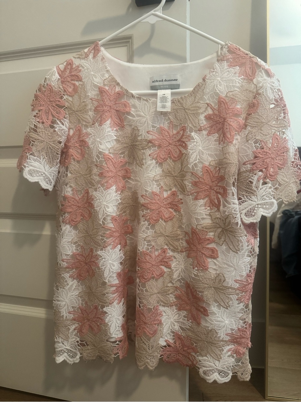 Alfred Dunner White Lace Top with Pink & Tan Floral Embroidery
